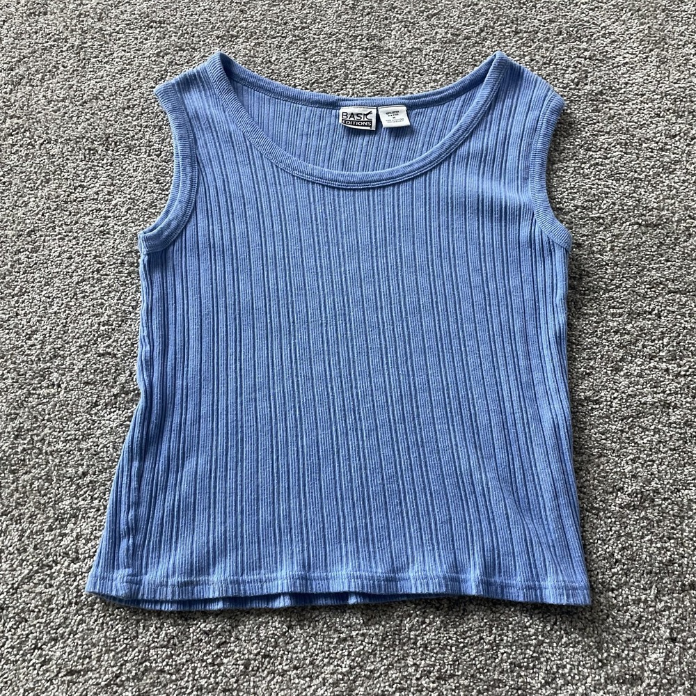 Basic Editions Tank Top Womens M Blue Ribbed Scoop Neck Cotton Knit Casual